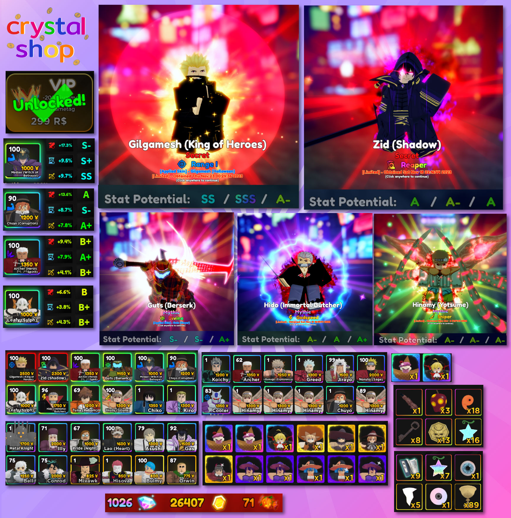 [Anime Adventures/AA] Lv.73 | Gilgamesh 1 SSS | Zid(Reaper) | Guts(Divine)+Archer(Nim3)+Hido(GSP)+Hinamy(Sni)+Medae | ไอดีสะอาด